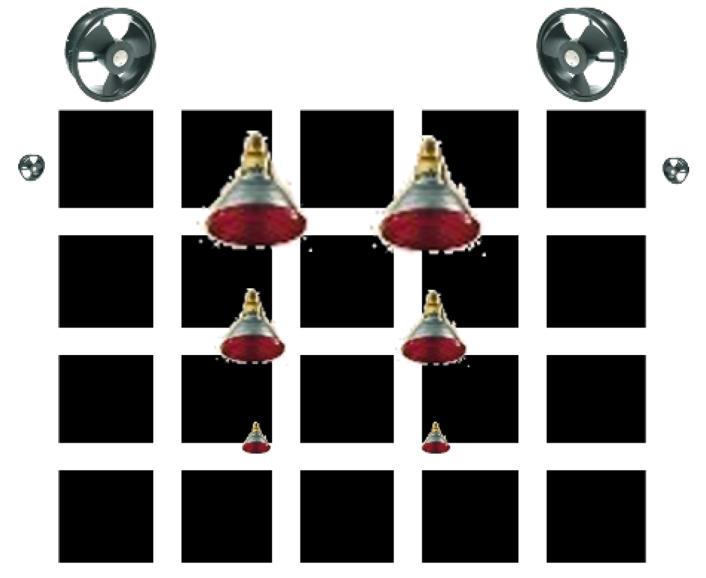 Grid to measure the distribution of wind and warmth inside the CAVE. The pictured hardware devices' size relatively depicts their activation level. Each box inside the graphic visualizes one measurement point.