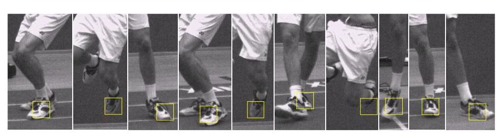 Intelligent template tracking with proper heuristics can be very effective for suitable sequences. The shoe is successfully tracked for a long time although there are many difficult situations and there is no object redetection i.e. pure tracking.