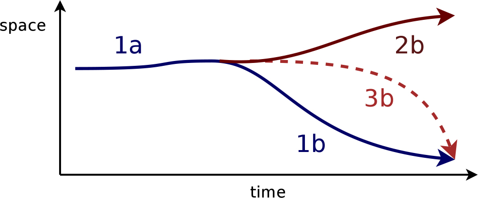 Tracking paths. Only the correct path 1b and the unlikely path 3b can be tracked forward as well as backward. 2b is impossible to be tracked backward as the backward tracker starts at the end of 1b.