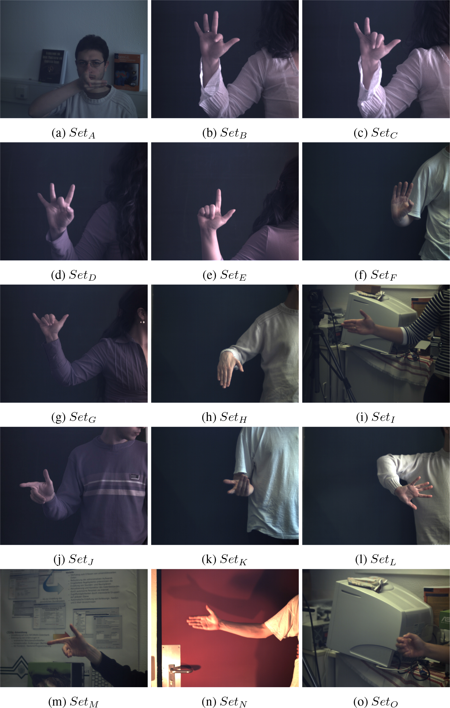 The main differences between the image sequences in our ground truth database are the background (complex or simple) and illumination conditions, which results into four image categories. The above images show examples for the datasets SetA to SetO . Each set consists of 10-20 images.