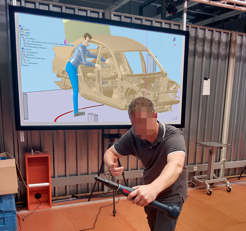 Figure 13: Delmia V5 DHM directly manipulated by marker-less motion capture approach. All assessments can be carried out in real time.