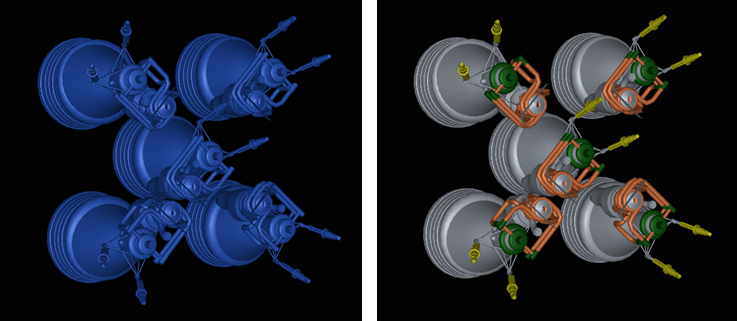 Hierarchical selection. Left: selection at one product node level (rocket engines). Right: selection at area level. In this case, different colours could indicate different operation temperatures