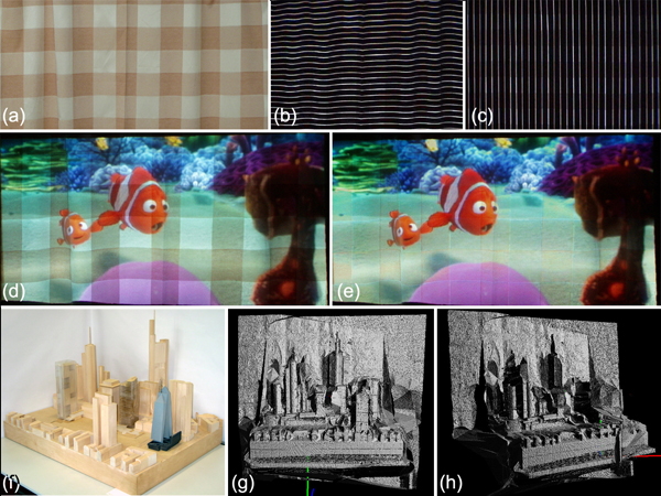 Figure 5: Projection onto a colored window curtain with and without radiometric compensation (a-e), ©2005 IEEE . Acquired scene depth via structured light projection (f-h).