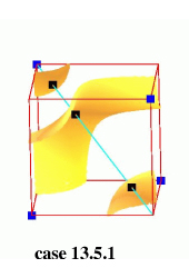 Topological configurations with six ambiguous faces: trilinear model in yellow-orange, isopoints in black, positive nodes in blue, rays in cyan.