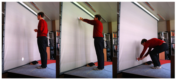 Experimental setup for the study in the real world. The subject is at a distance H/3 from the screen and must reach targets at height going from 02.H to 1.1H. H being the subject height.