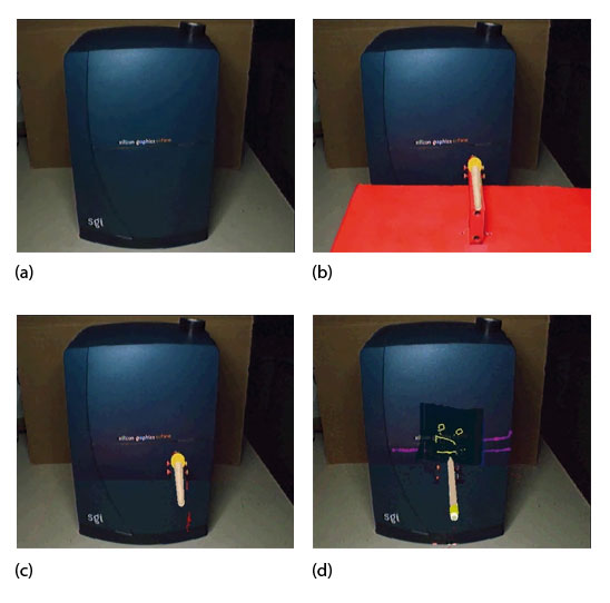 Mixed scenes taken from the application: a) the real object, here a SGI workstation, b) the probe was painted in red in order to remove it from images later, c) the probe is removed and replaced by a virtual tool, d) virtual painting has been applied on the real workstation.