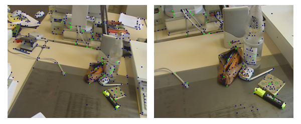 A ground truth data set with 30 hand-labeled unconnected feature tracks, marked in green.