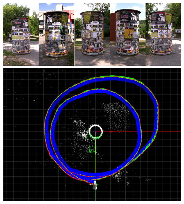 Five images out of the input video of example 1 and a top view on the resulting camera path after sequential structure-from-motion.