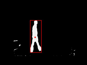 Tracking of dynamic content. The moving person is detected and marked with a rectangle, the center-of-mass is marked with a dot.