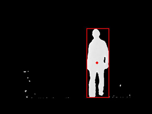 Tracking of dynamic content. The moving person is detected and marked with a rectangle, the center-of-mass is marked with a dot.