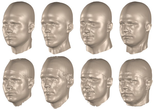 Results of the model-driven registration algorithm. Original laser-scans in the bottom row, fitted morphable model in the top row. Six region models and 15 principal components per region were used.