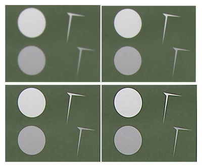 Test chart with different aperture settings (top left -80, top right -40, bottom left 0, bottom right +40).