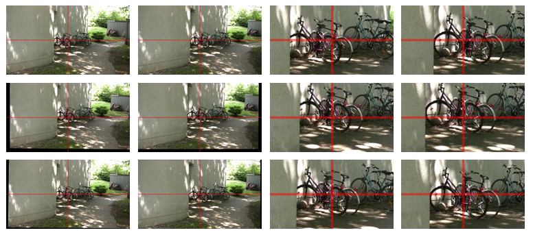 Example 1 - Original image sequence (top), result of stabilization by fixation (middle), result of smoothing with an affine model (bottom).