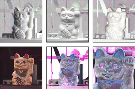 Coefficients for the cat subject under the hemispherical cosine lobe model. Top, left to right: x, y, z. Bottom, left to right: k, n, zoom of n. The value of the exponent n in the figure is scaled by .