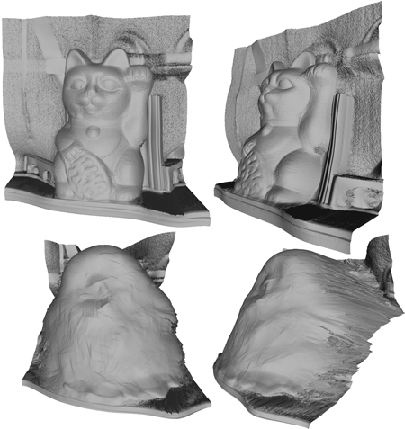 Reconstructed geometry from photometric normals. Top: Two views of the cat subject. Bottom: Two views of the duck subject.