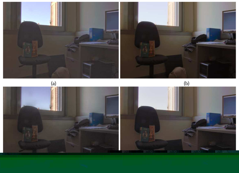 Results of 'Office' produced by the methods based on the papers of (a) Durand et al. (b) Reinhard et al. (c) Mantiuk et al. (d) multi-modal TSTM.