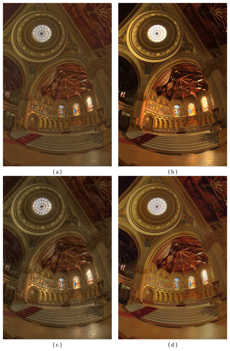 Results of the 'Memorial'(courtesy of Paul Debevec ) produced by the methods based on the papers of (a) Durand et al. (b) Reinhard et al. (c) Mantiuk et al. (d) multi-modal TSTM.